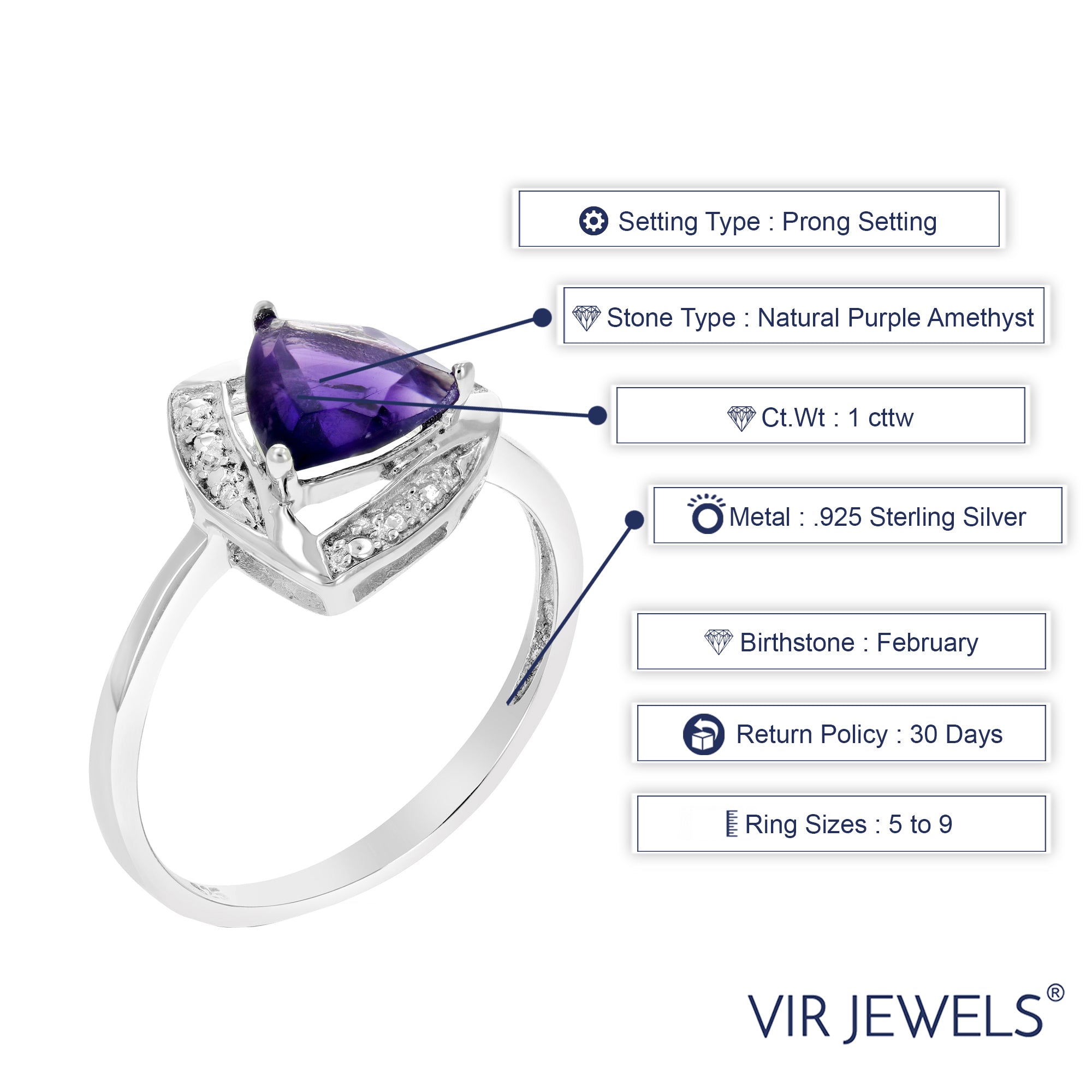 1 cttw Purple Amethyst Ring .925 Sterling Silver with Rhodium Triangle 7 MM