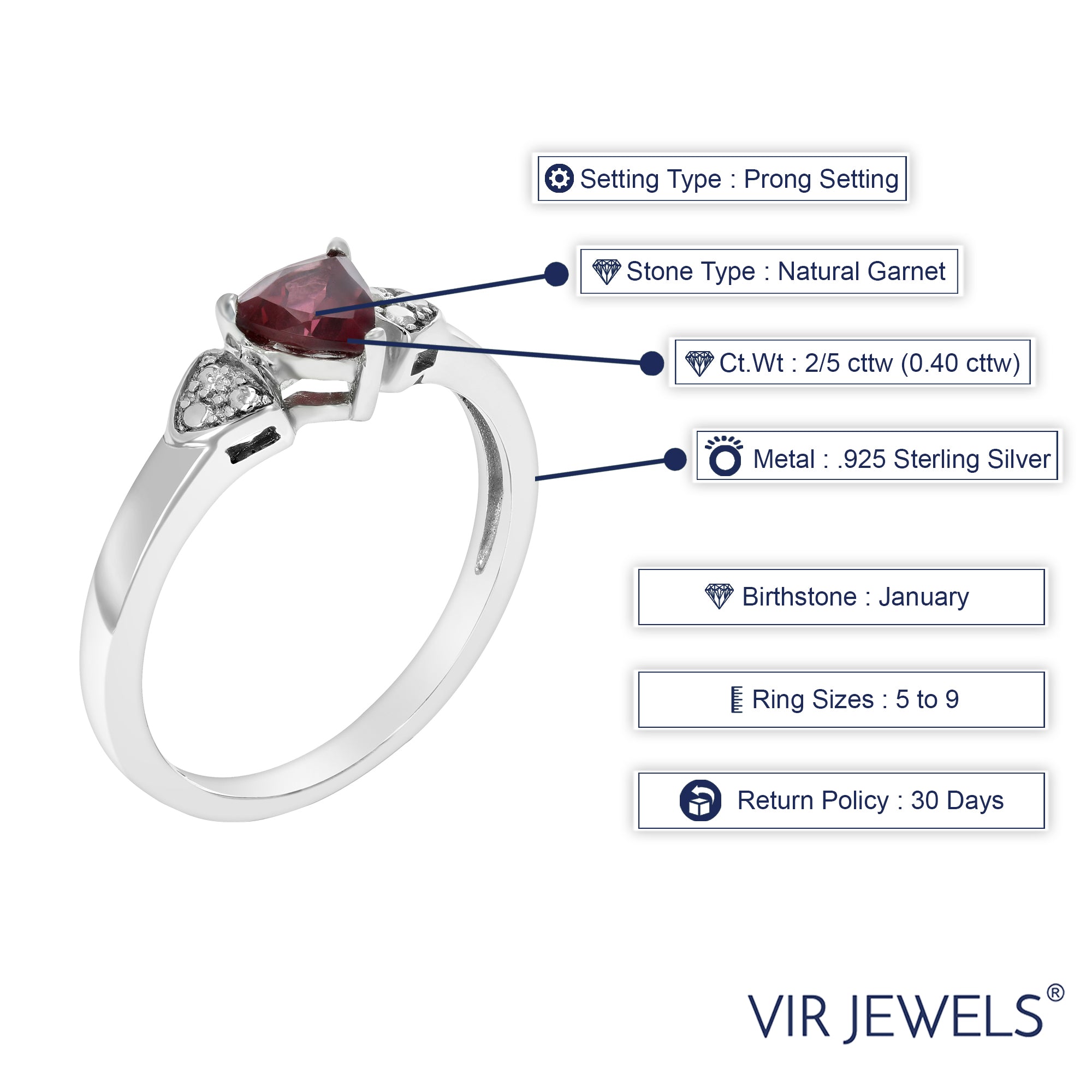 2/5 cttw Garnet Ring .925 Sterling Silver with Rhodium Triangle Shape 5 MM