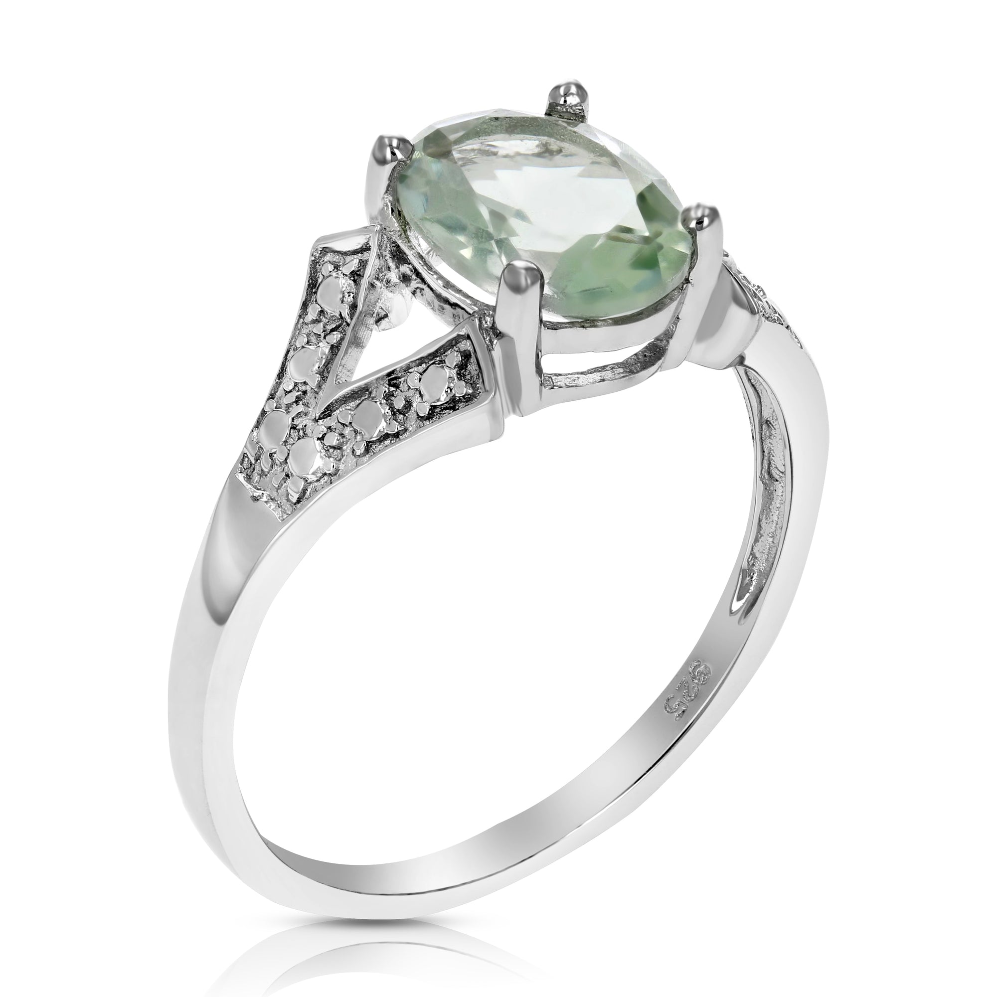 1.20 cttw Green Amethyst Ring .925 Sterling Silver with Rhodium Oval 8x6 MM
