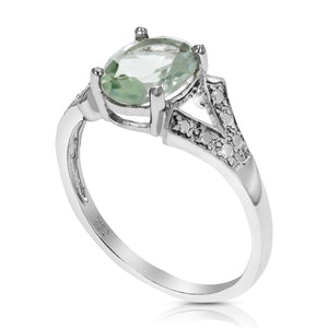 1.20 cttw Green Amethyst Ring .925 Sterling Silver with Rhodium Oval 8x6 MM