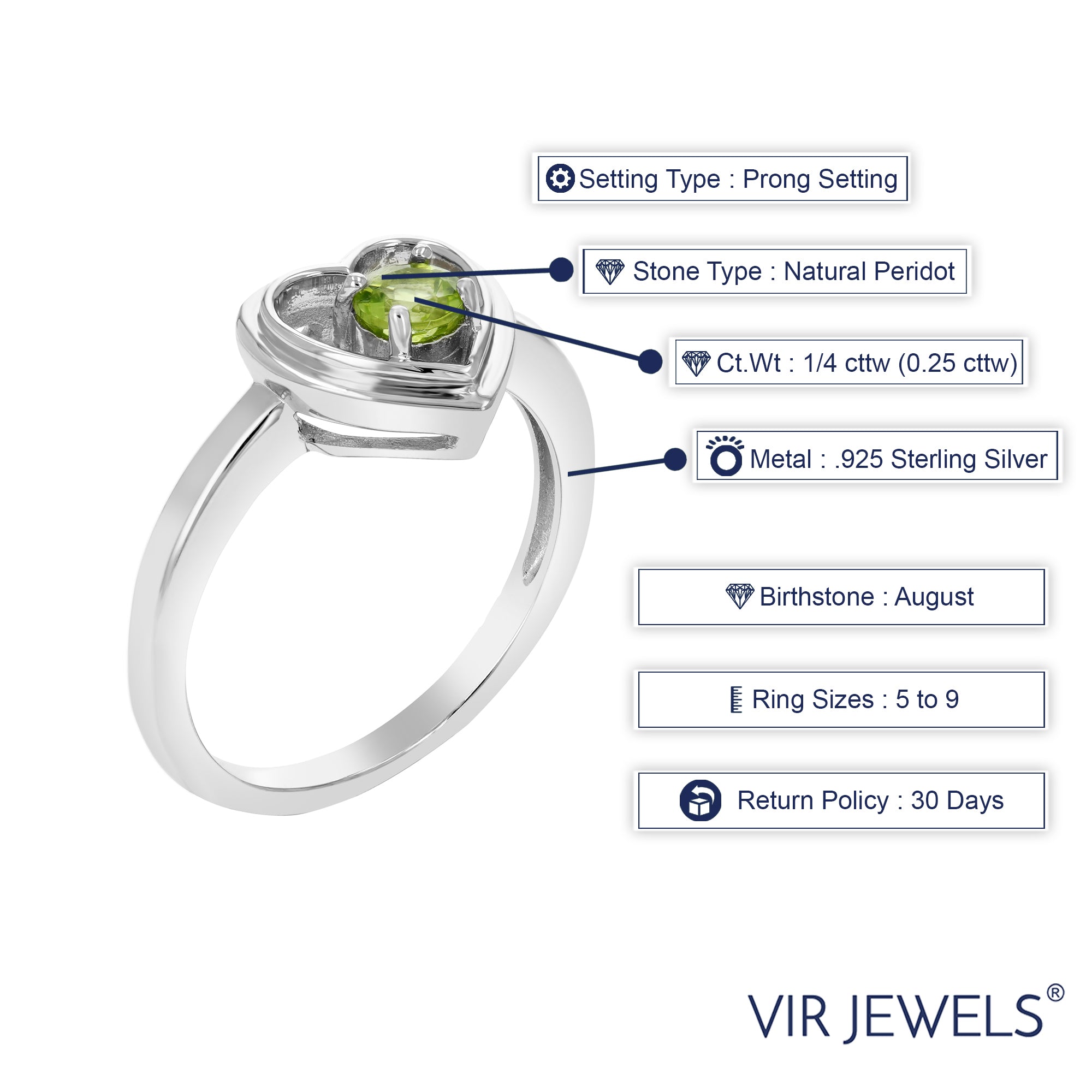 1/4 cttw Peridot Ring in .925 Sterling Silver with Rhodium Plating Round Shape
