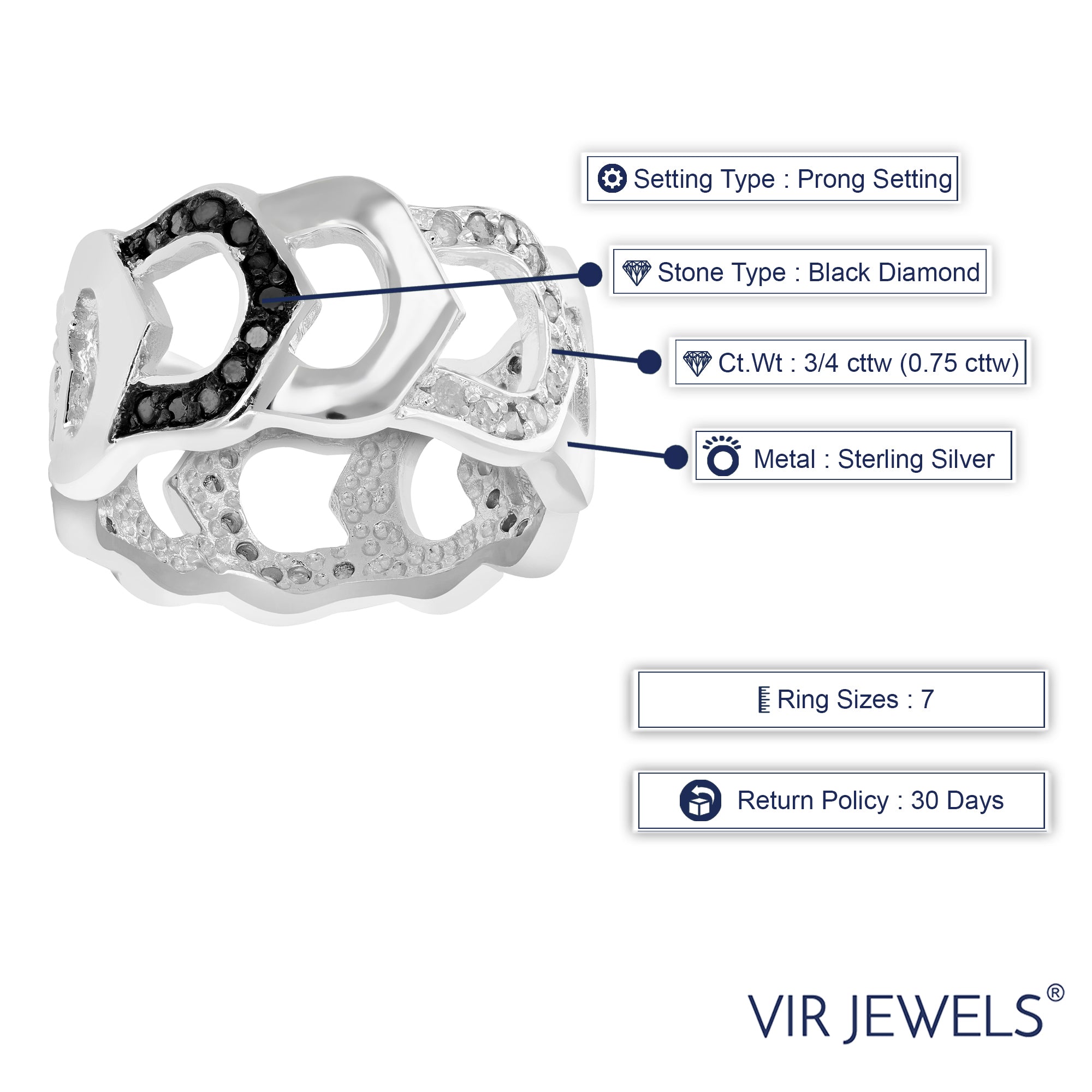 3/4 cttw Black and White Diamond Ring .925 Sterling Silver with Rhodium Size 7