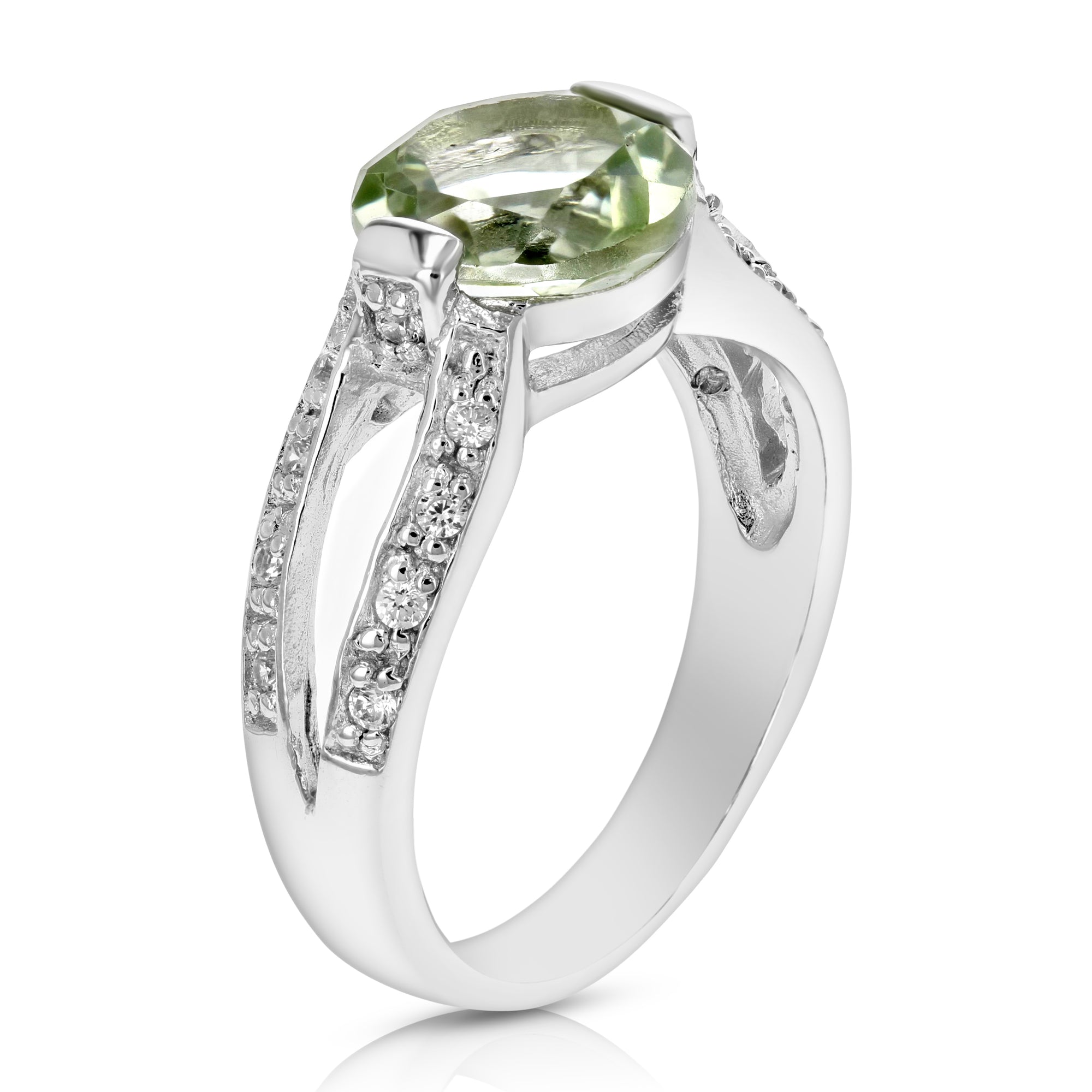 2 cttw Green Amethyst Ring .925 Sterling Silver with Rhodium Round Shape 9 MM
