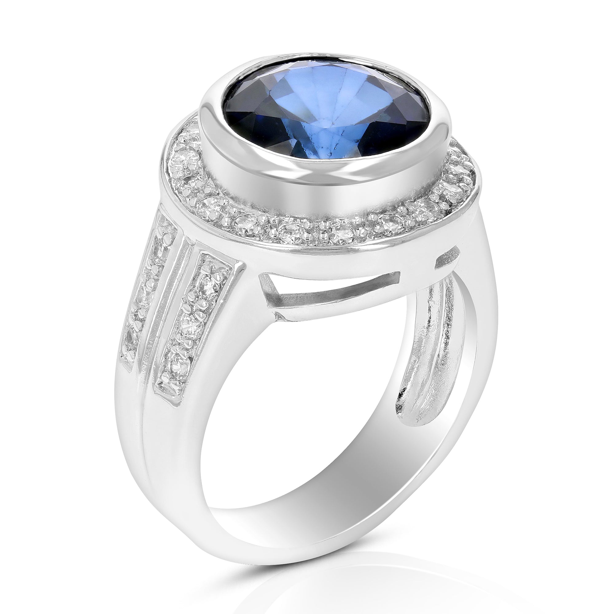 2 cttw Created Blue Sapphire Ring in Brass with Rhodium Plating Round 10 MM