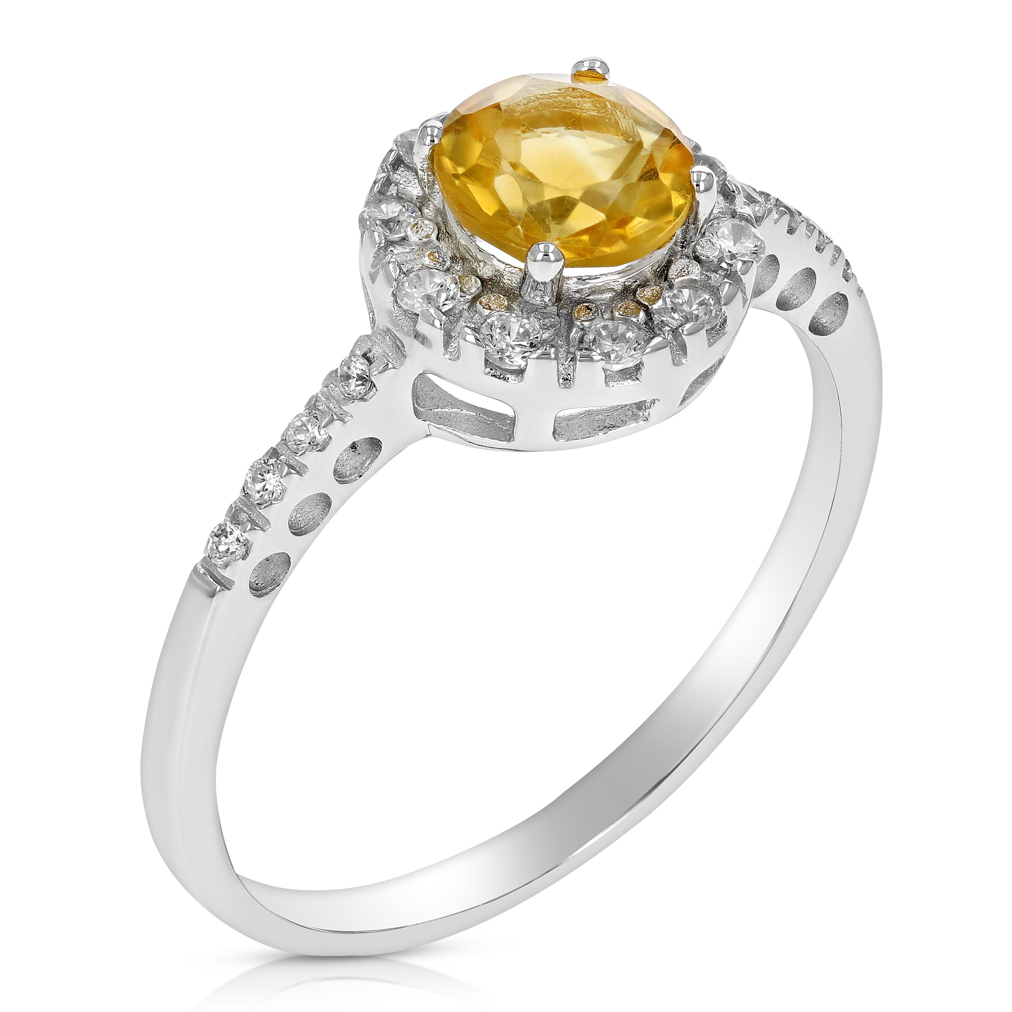 0.60 cttw Citrine Ring .925 Sterling Silver with Rhodium Plating Halo Round 6 MM