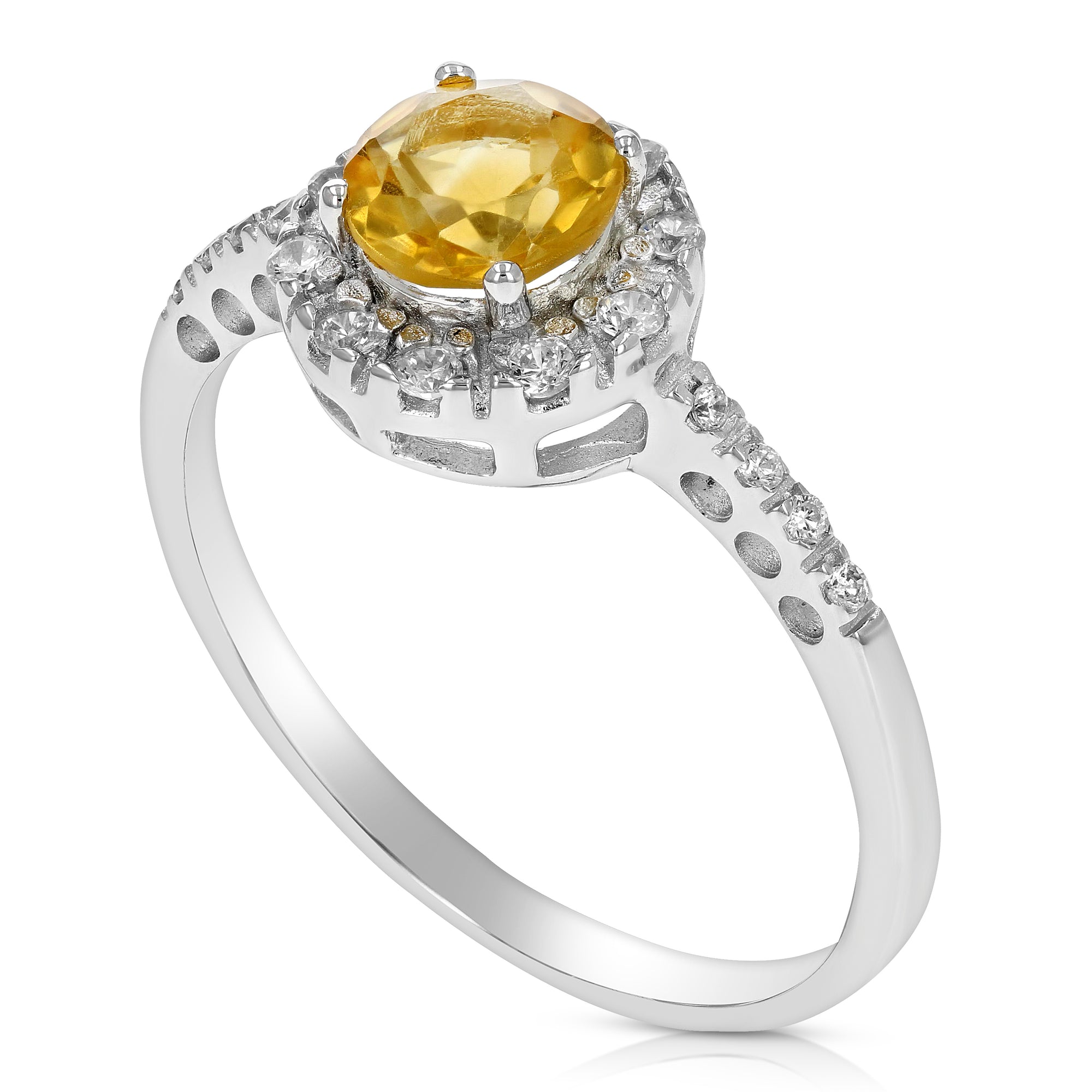 0.60 cttw Citrine Ring .925 Sterling Silver with Rhodium Plating Halo Round 6 MM