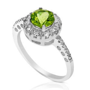 0.65 cttw Peridot Ring .925 Sterling Silver with Rhodium Plating Halo Round 6 MM