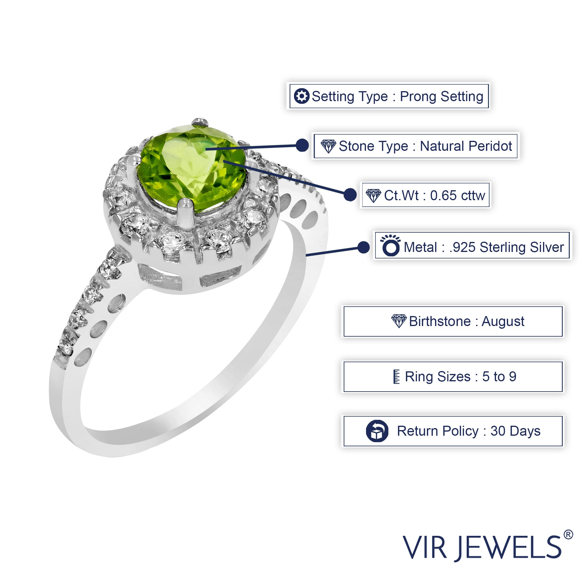 0.65 cttw Peridot Ring .925 Sterling Silver with Rhodium Plating Halo Round 6 MM