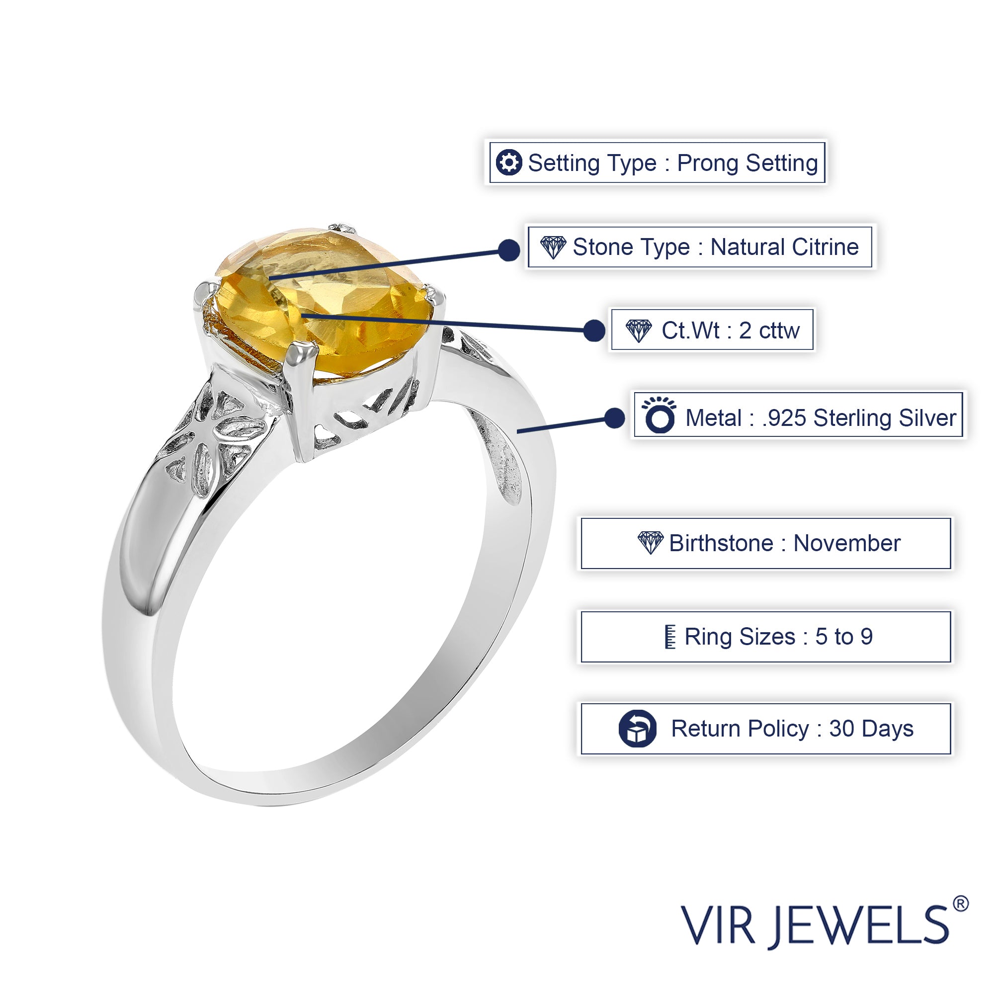 2 cttw Citrine Ring in .925 Sterling Silver with Rhodium and Filigree Oval Shape