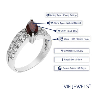 0.90 cttw Garnet Ring .925 Sterling Silver with Rhodium Marquise Shape 10x5 MM