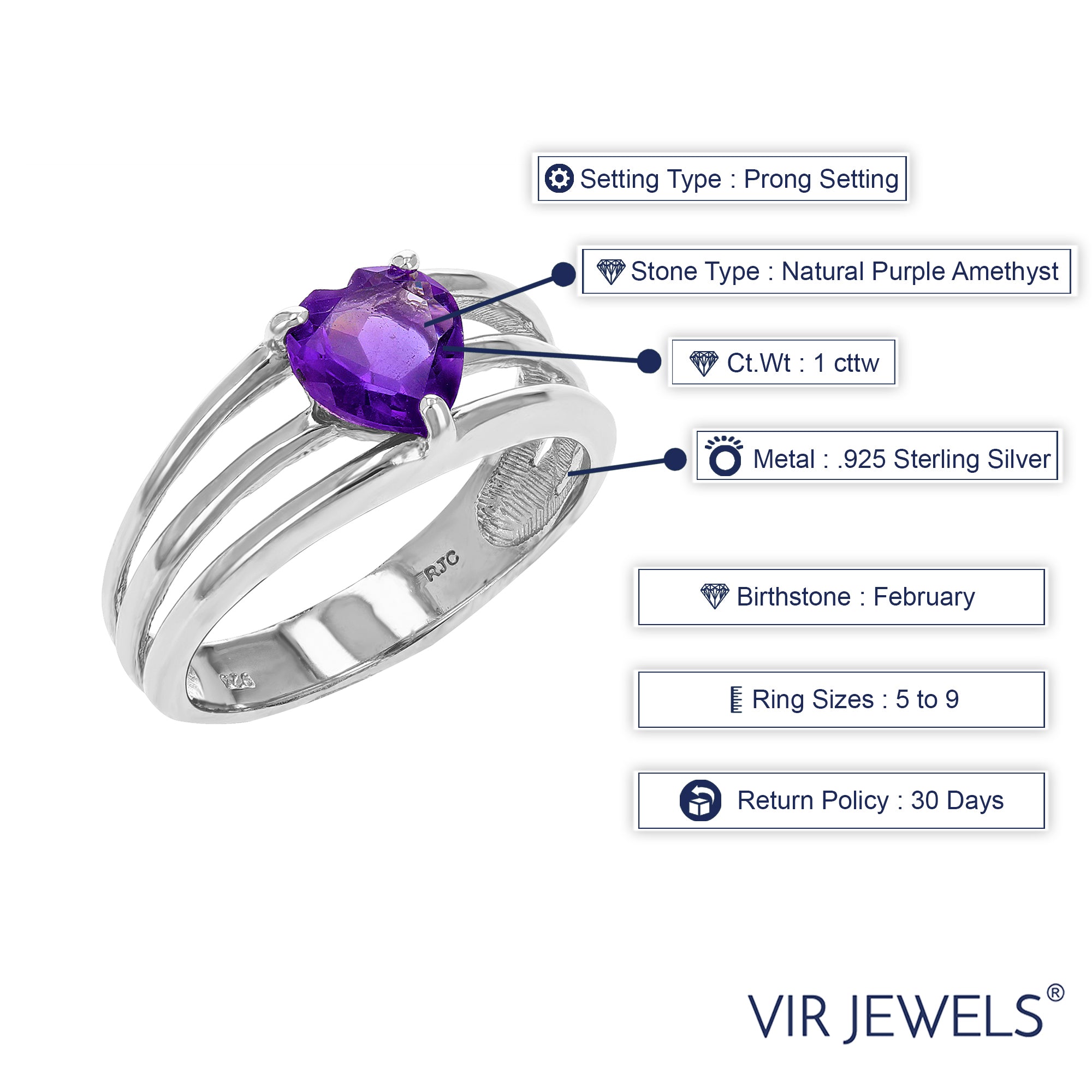 1 cttw Purple Amethyst Heart Ring .925 Sterling Silver with Rhodium Plating 7 MM