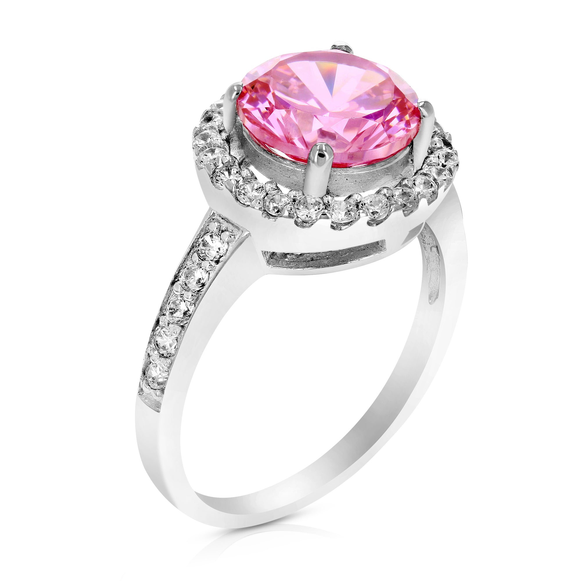 8 MM Pink Cubic Zirconia Halo Ring .925 Sterling Silver with Rhodium Round Shape