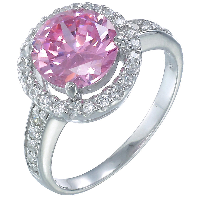 8 MM Pink Cubic Zirconia Halo Ring .925 Sterling Silver with Rhodium Round Shape
