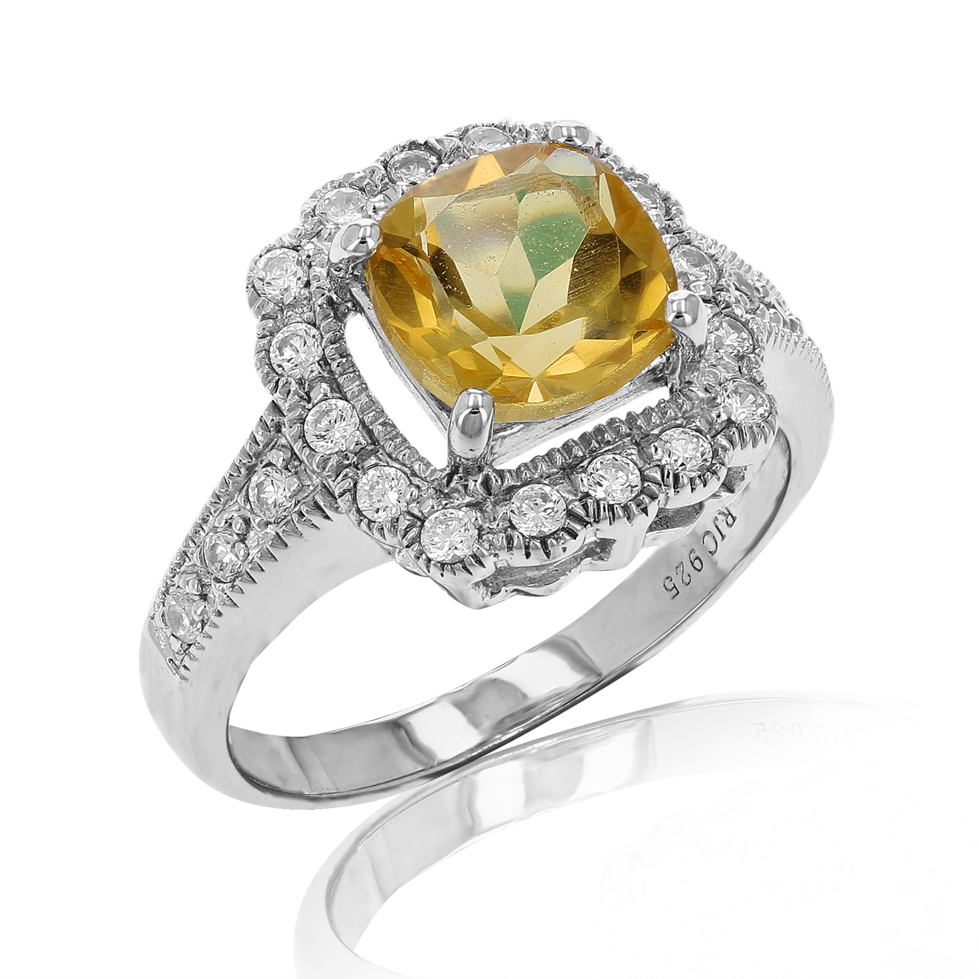 1.10 cttw 7 MM Cushion Cut Citrine Ring .925 Sterling Silver Halo with Rhodium