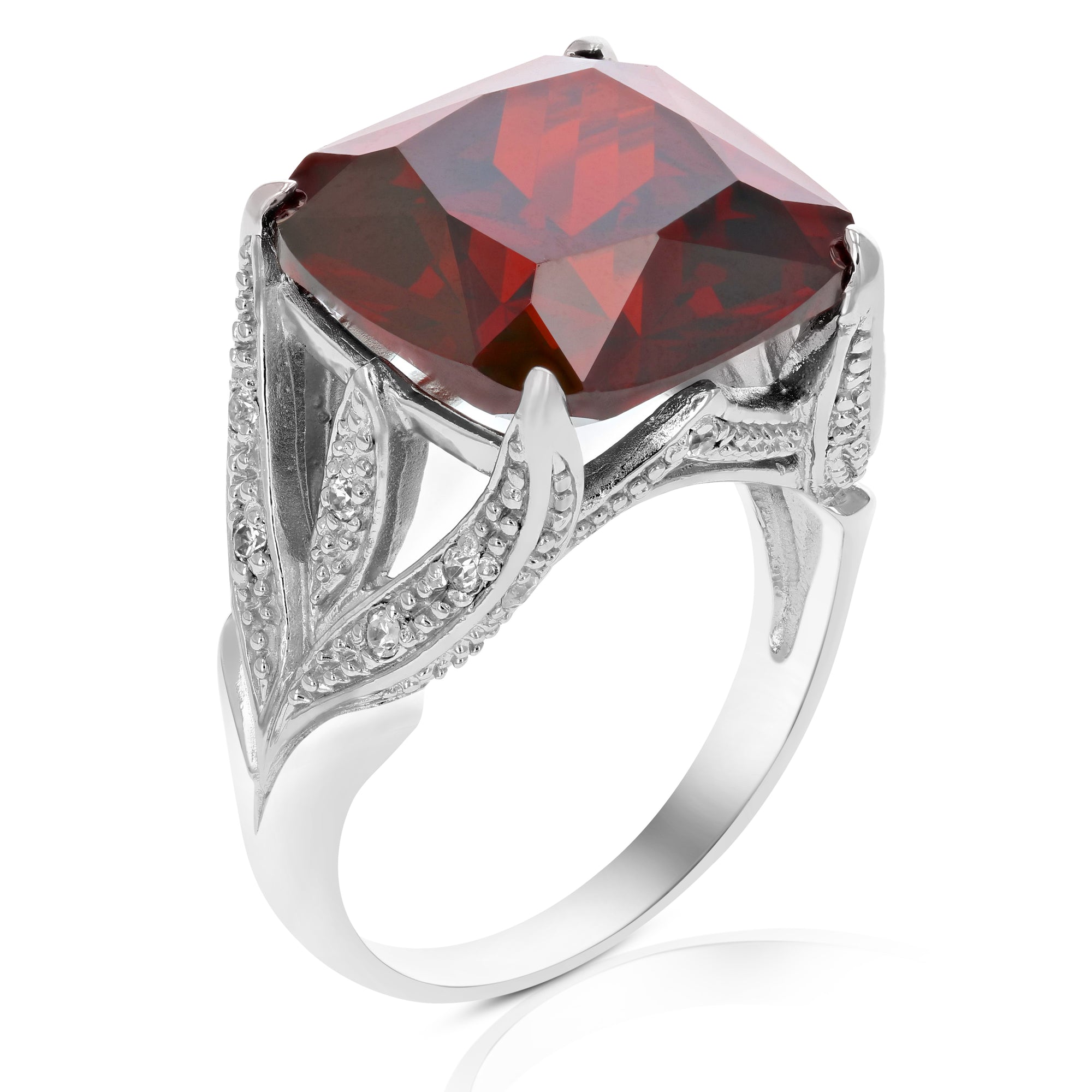 14 MM Red Cubic Zirconia Ring .925 Sterling Silver with Rhodium Plating Cushion Size 7