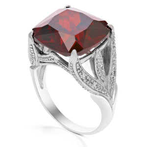 14 MM Red Cubic Zirconia Ring .925 Sterling Silver with Rhodium Plating Cushion Size 7