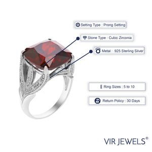 14 MM Red Cubic Zirconia Ring .925 Sterling Silver with Rhodium Plating Cushion Size 7