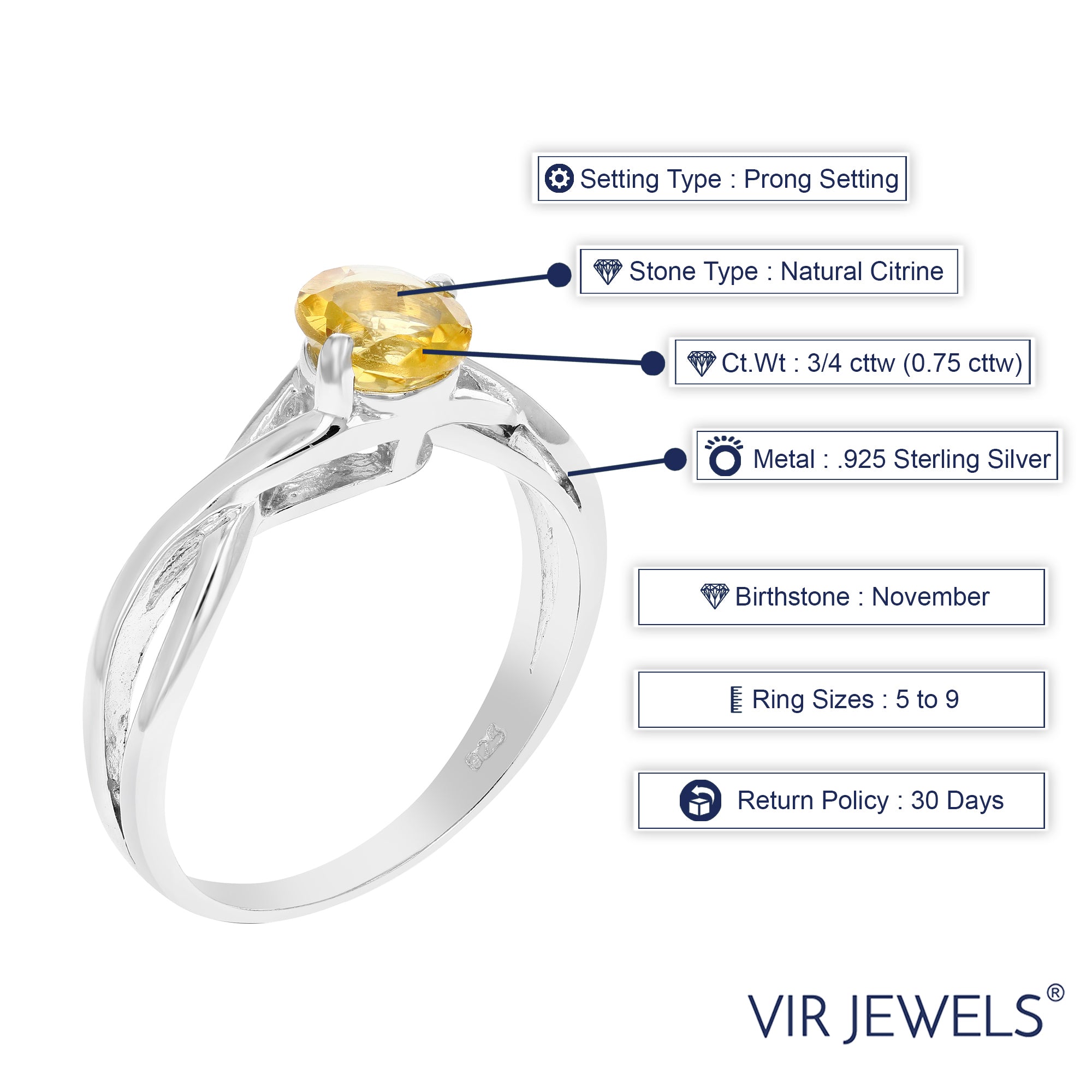 3/4 cttw Citrine Ring .925 Sterling Silver with Rhodium Plating Round Shape 6 MM