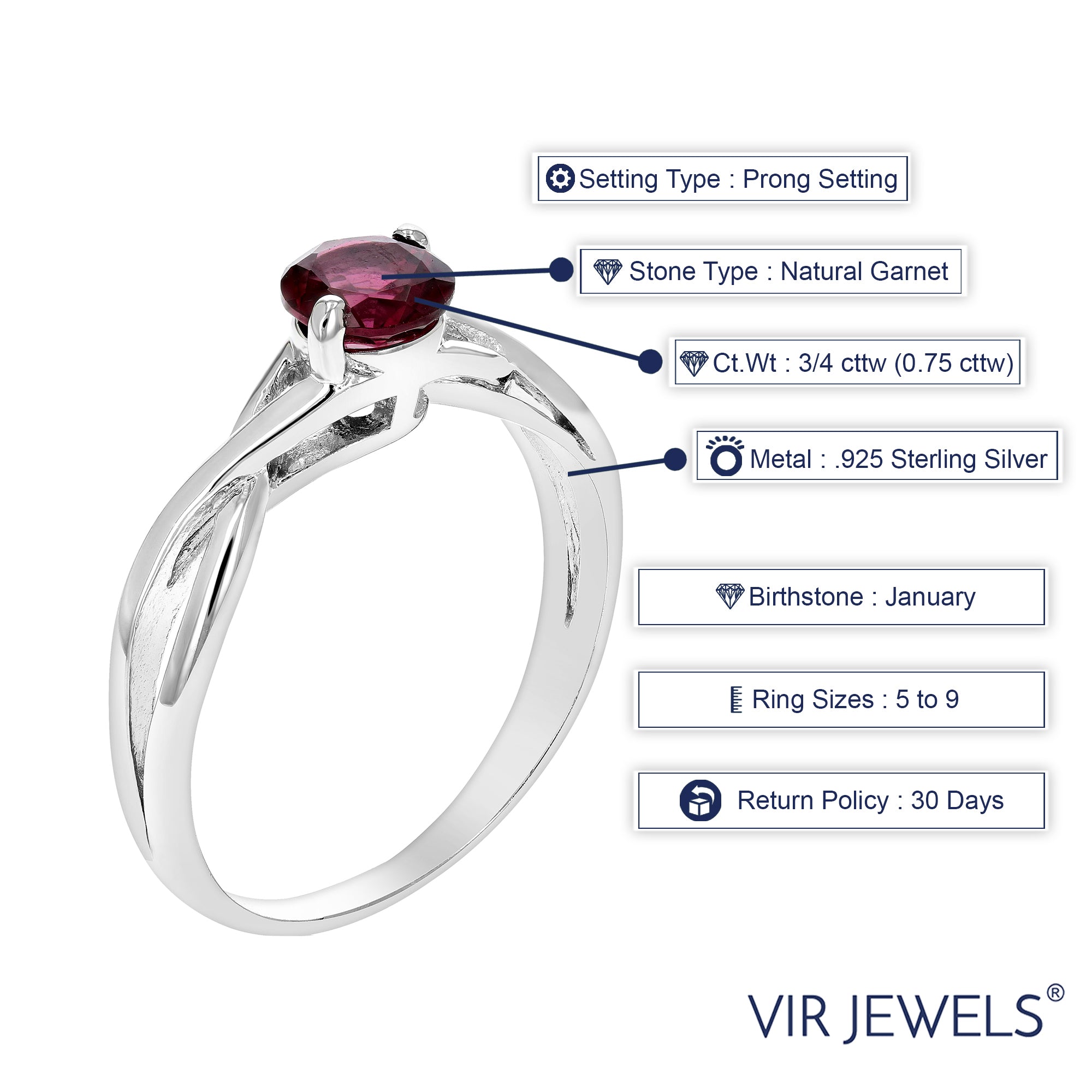 3/4 cttw Garnet Ring .925 Sterling Silver with Rhodium Plating Round Shape 6 MM