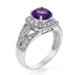 0.85 cttw Purple Amethyst Ring .925 Sterling Silver with Rhodium Round 7 MM