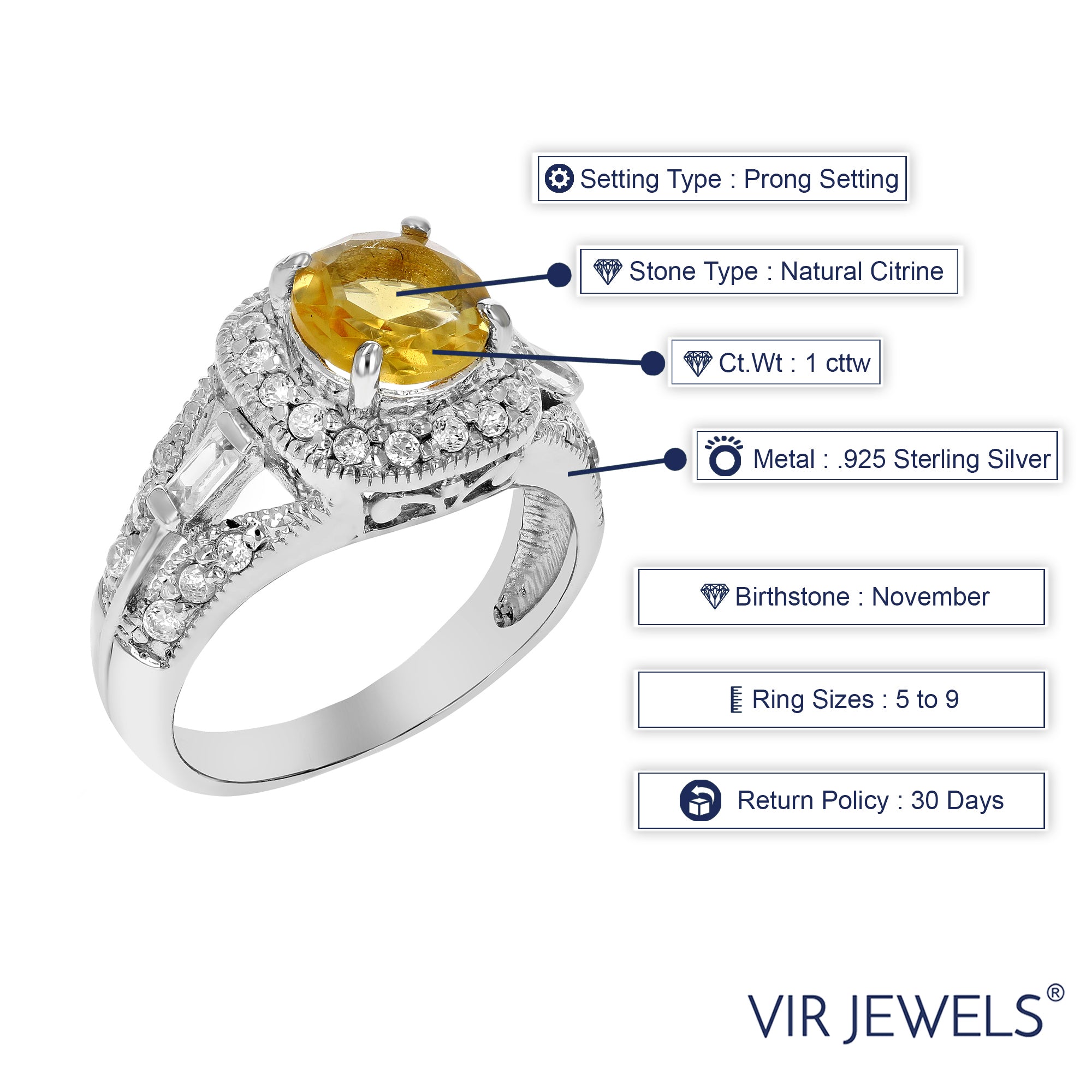 1 cttw Citrine Ring .925 Sterling Silver with Rhodium Plating Round Shape 7 MM