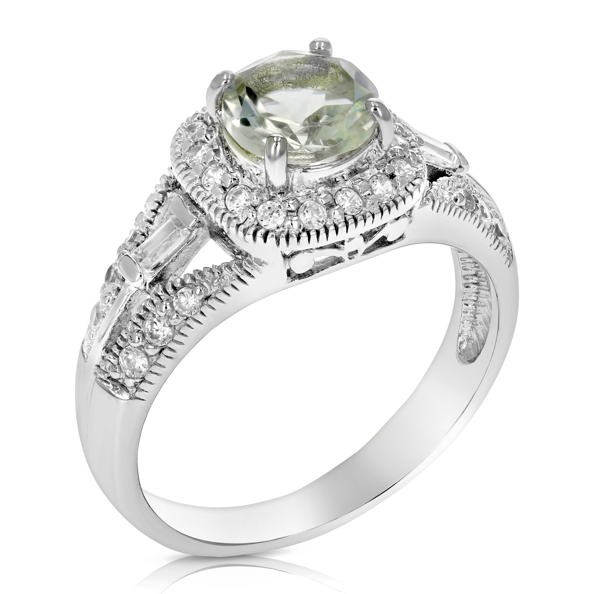 0.80 cttw Green Amethyst Ring .925 Sterling Silver with Rhodium Halo Round 7 MM