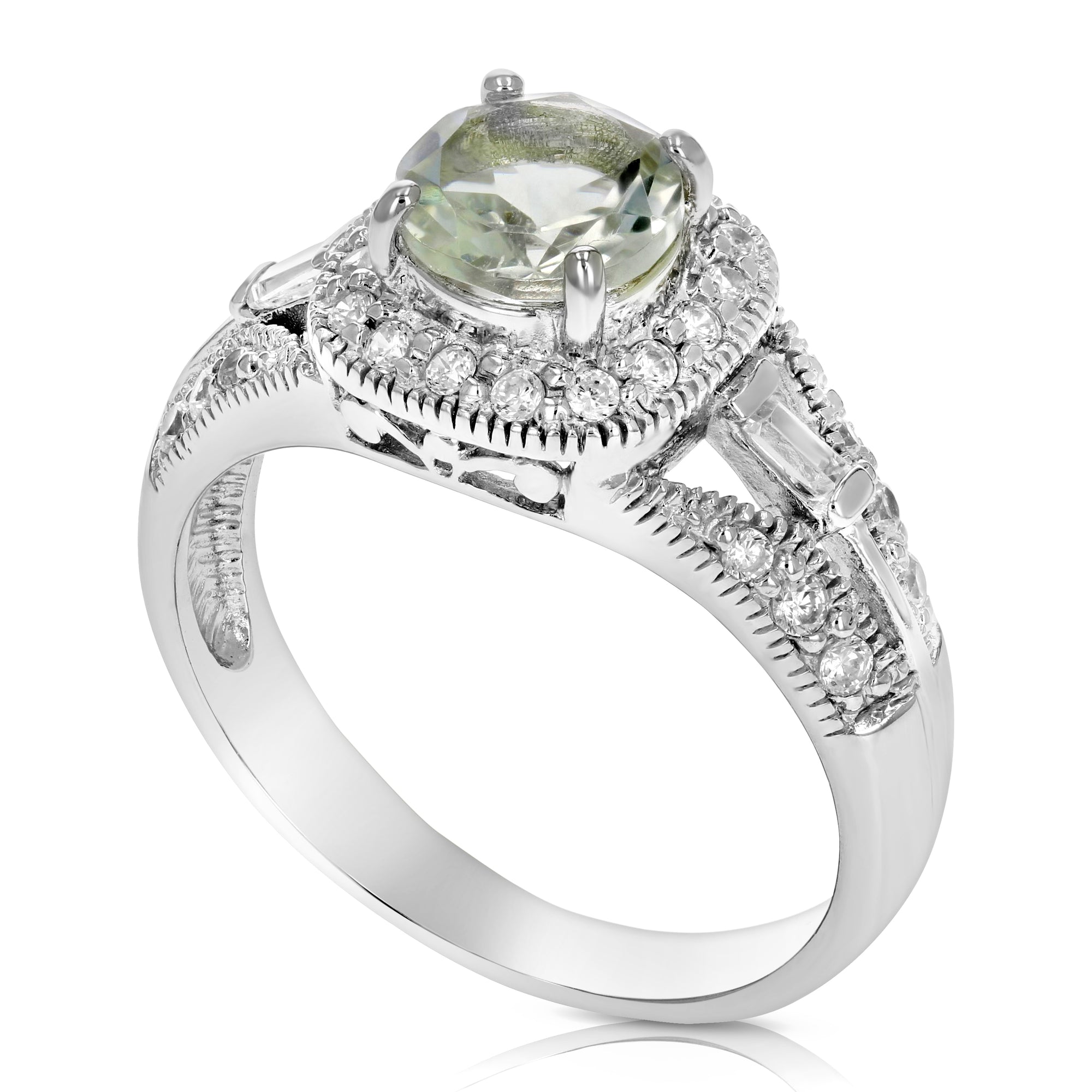 0.80 cttw Green Amethyst Ring .925 Sterling Silver with Rhodium Halo Round 7 MM