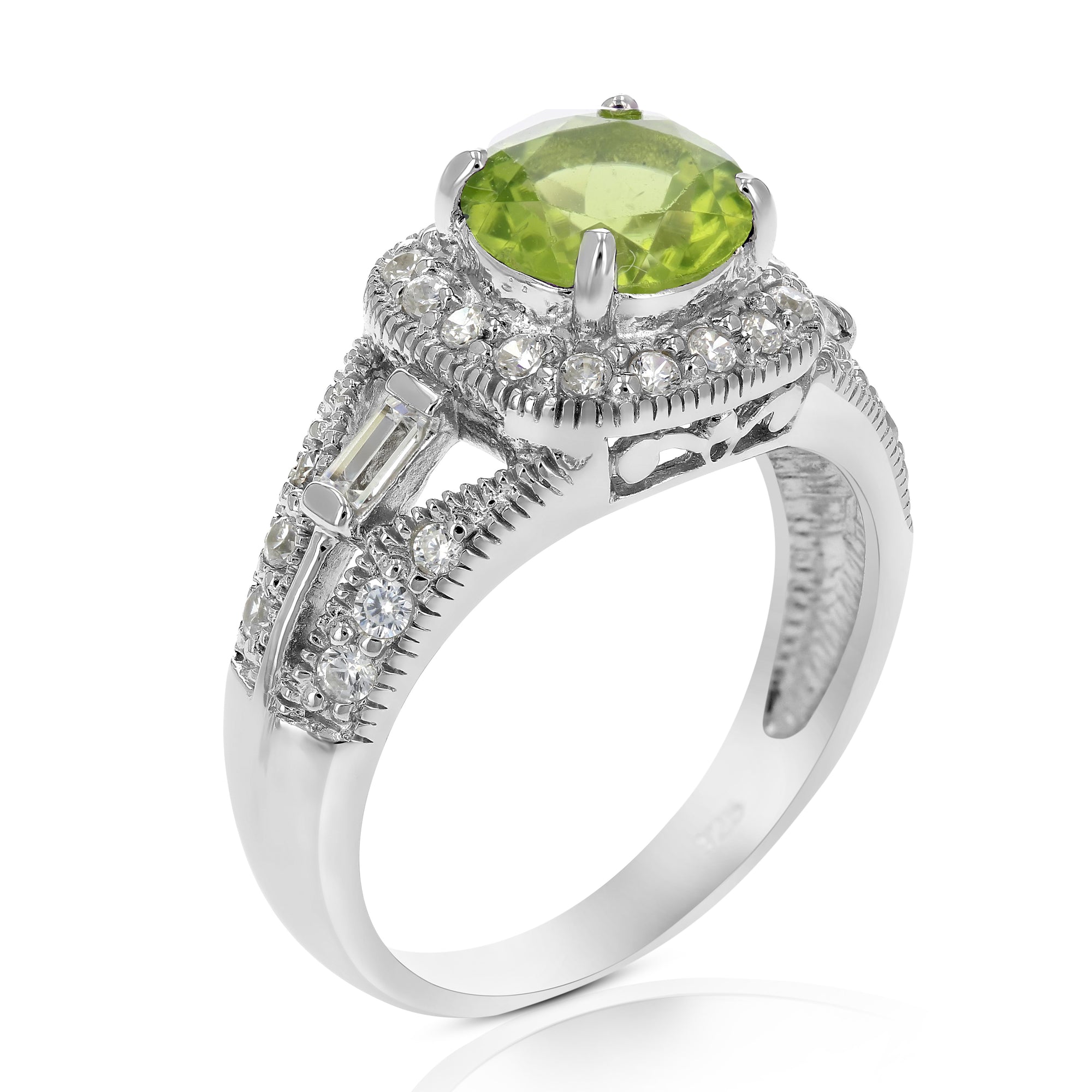 1 cttw Peridot Ring .925 Sterling Silver with Rhodium Plating Round Shape 7 MM