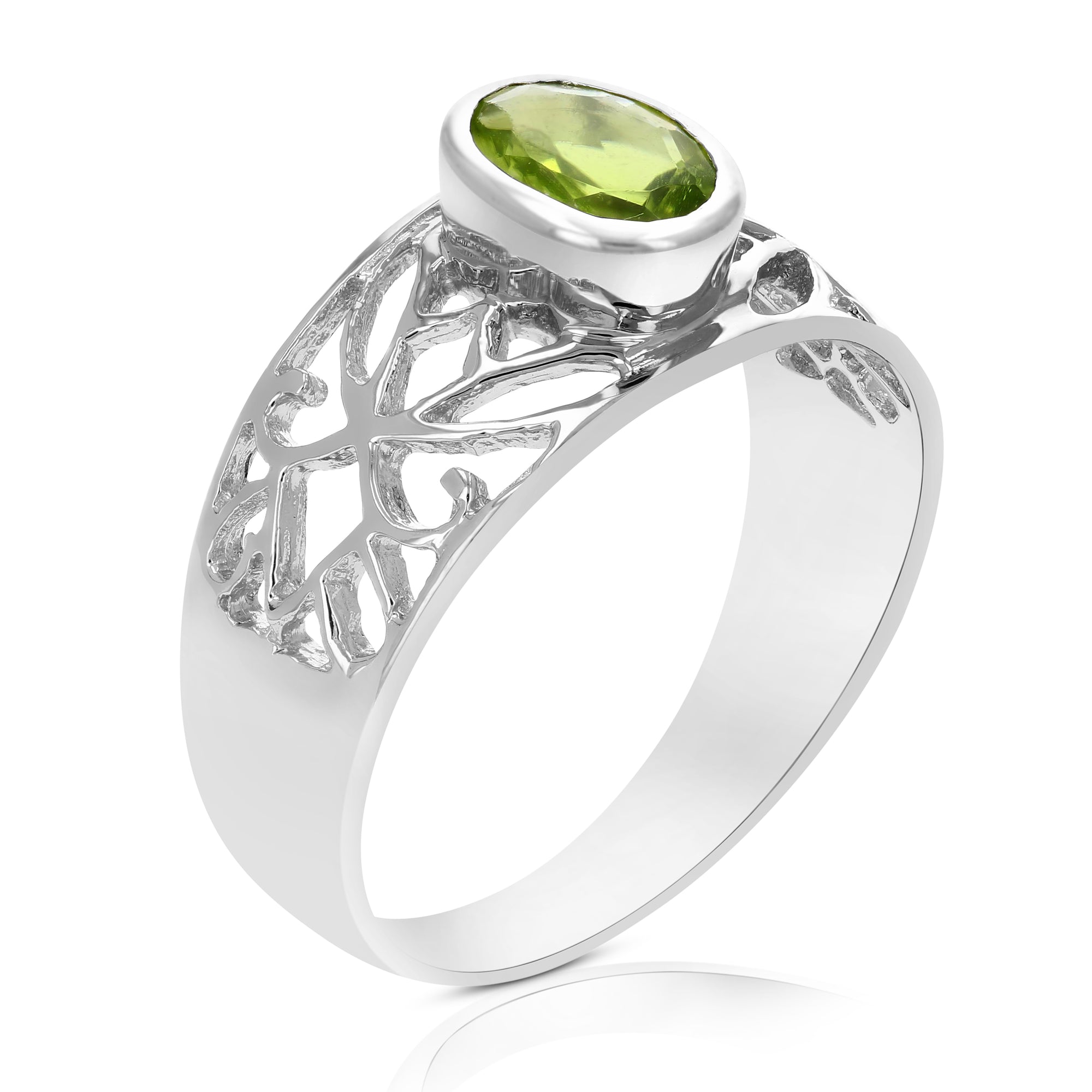 0.70 cttw Peridot Ring .925 Sterling Silver with Rhodium Oval Shape Filigree