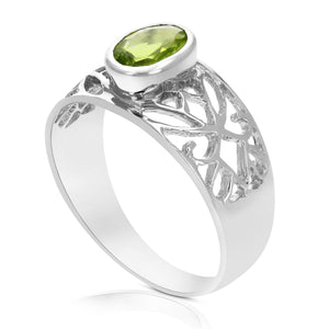 0.70 cttw Peridot Ring .925 Sterling Silver with Rhodium Oval Shape Filigree