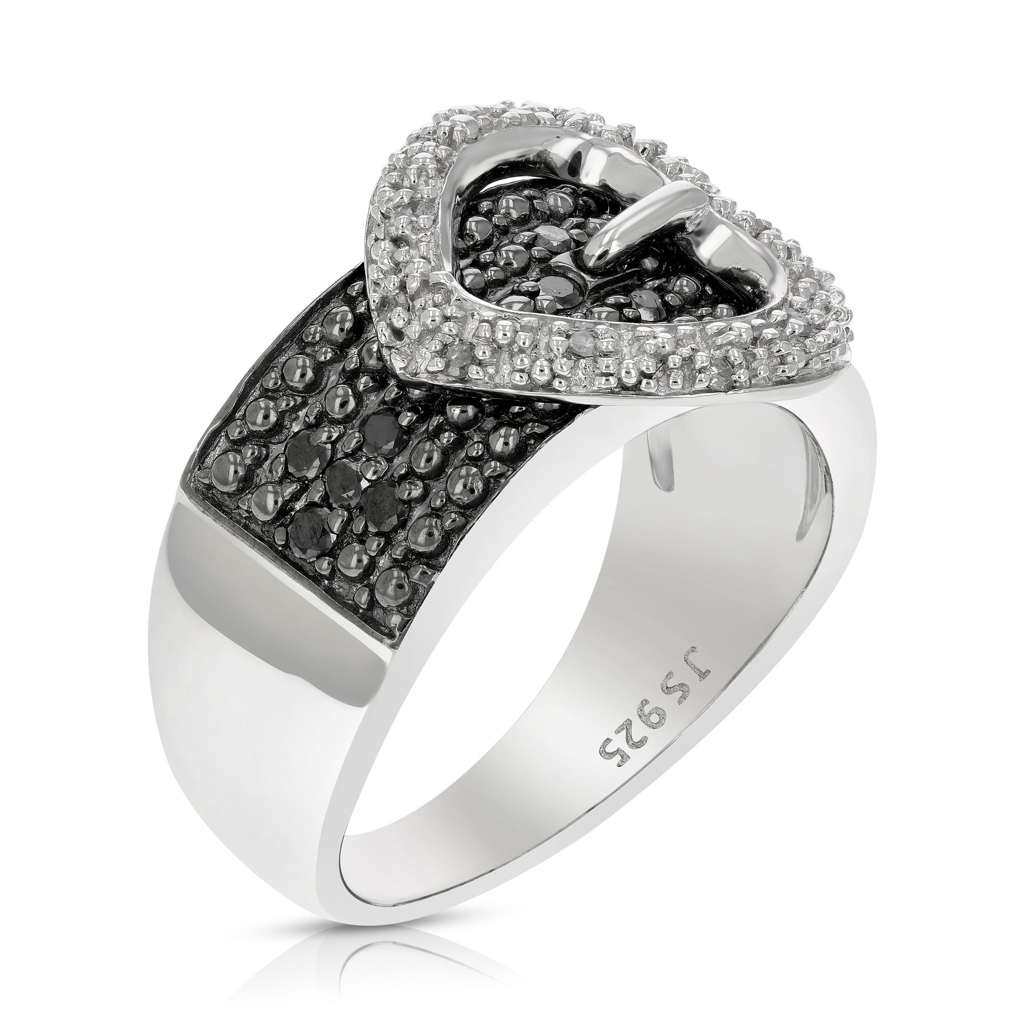 1/4 cttw Black and White Diamond Buckle Ring in .925 Sterling Silver Rhodium