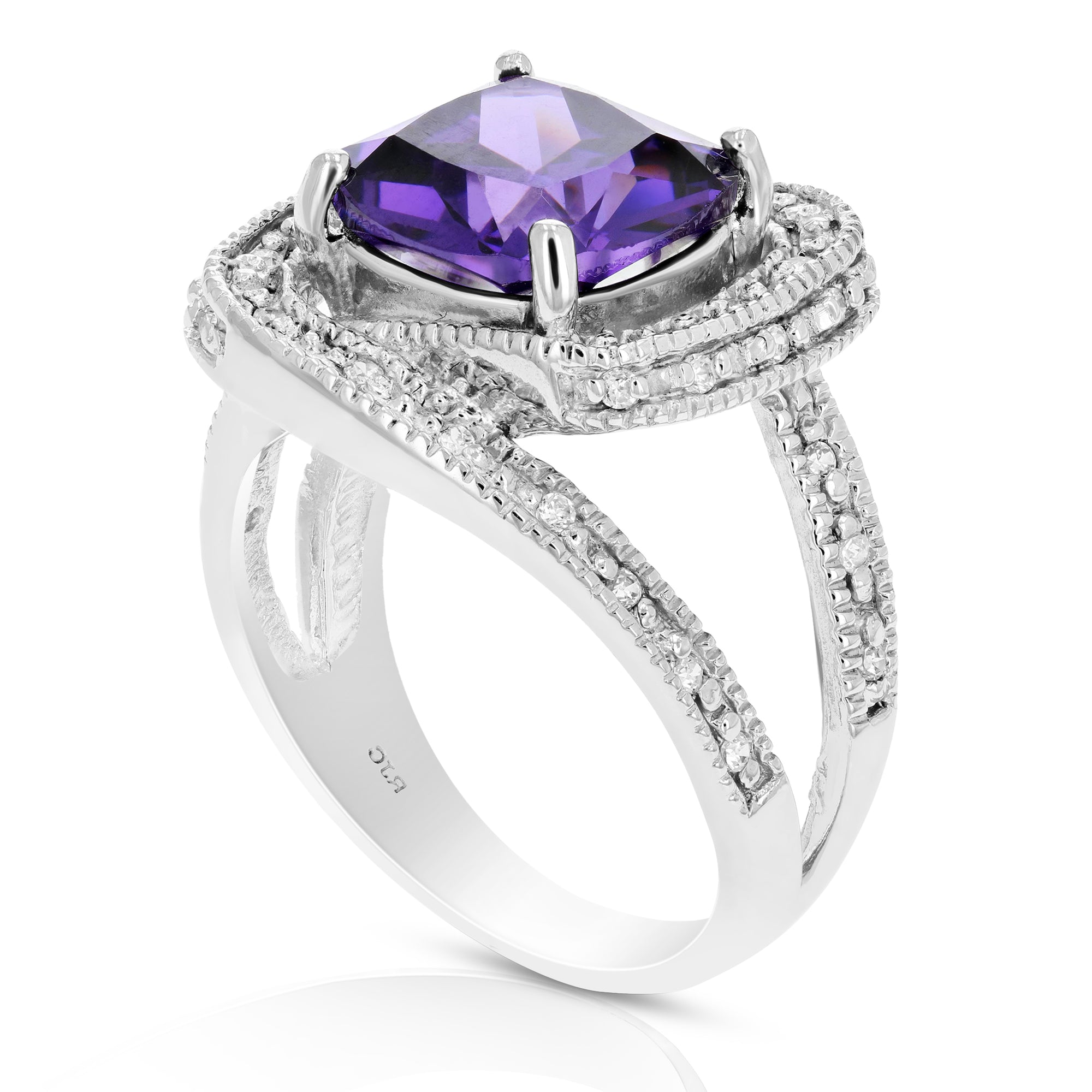 10 MM Purple Cubic Zirconia Ring .925 Sterling Silver with Rhodium Cushion Cut