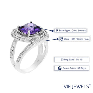 10 MM Purple Cubic Zirconia Ring .925 Sterling Silver with Rhodium Cushion Cut