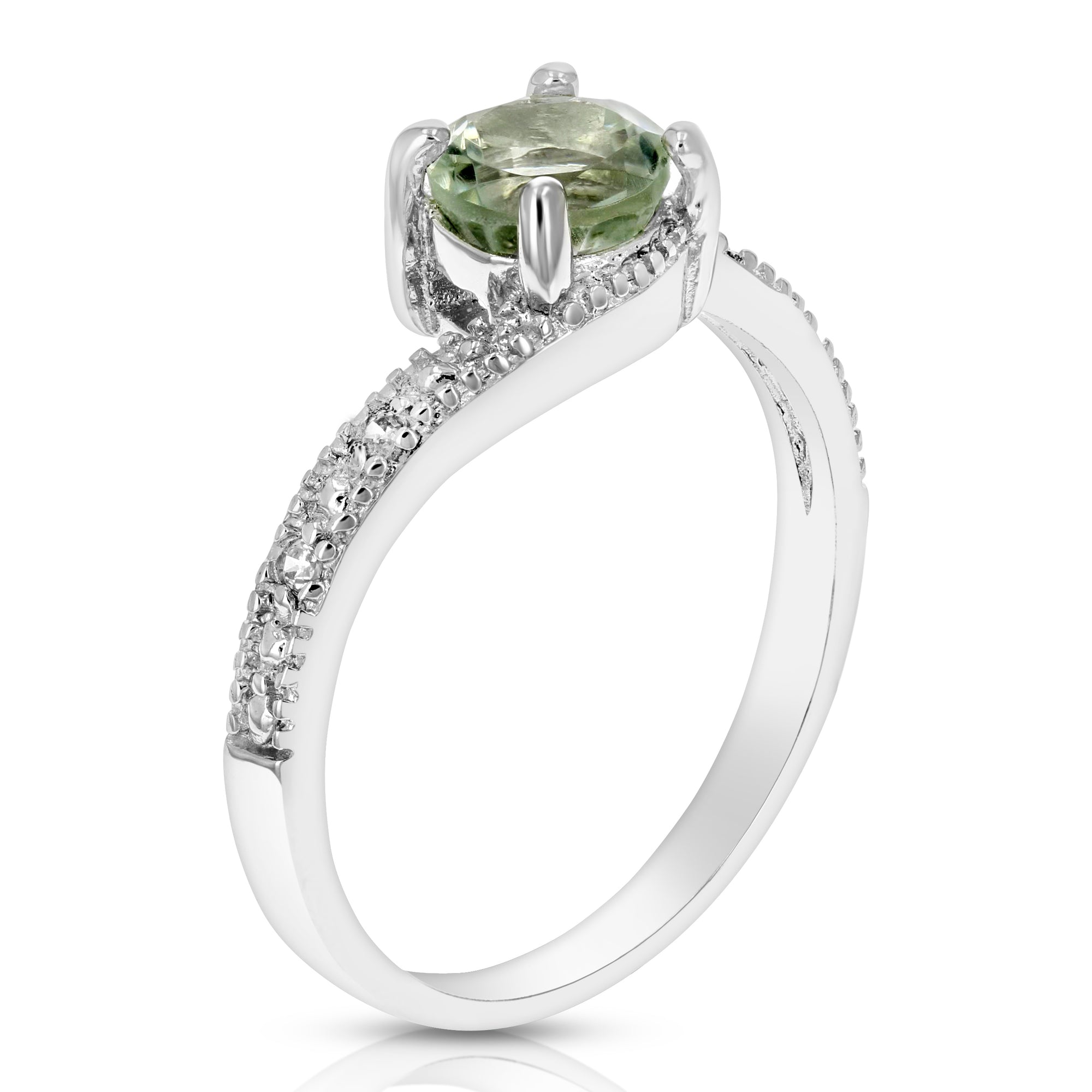 0.65 cttw Green Amethyst Ring .925 Sterling Silver with Rhodium Round Shape 6 MM