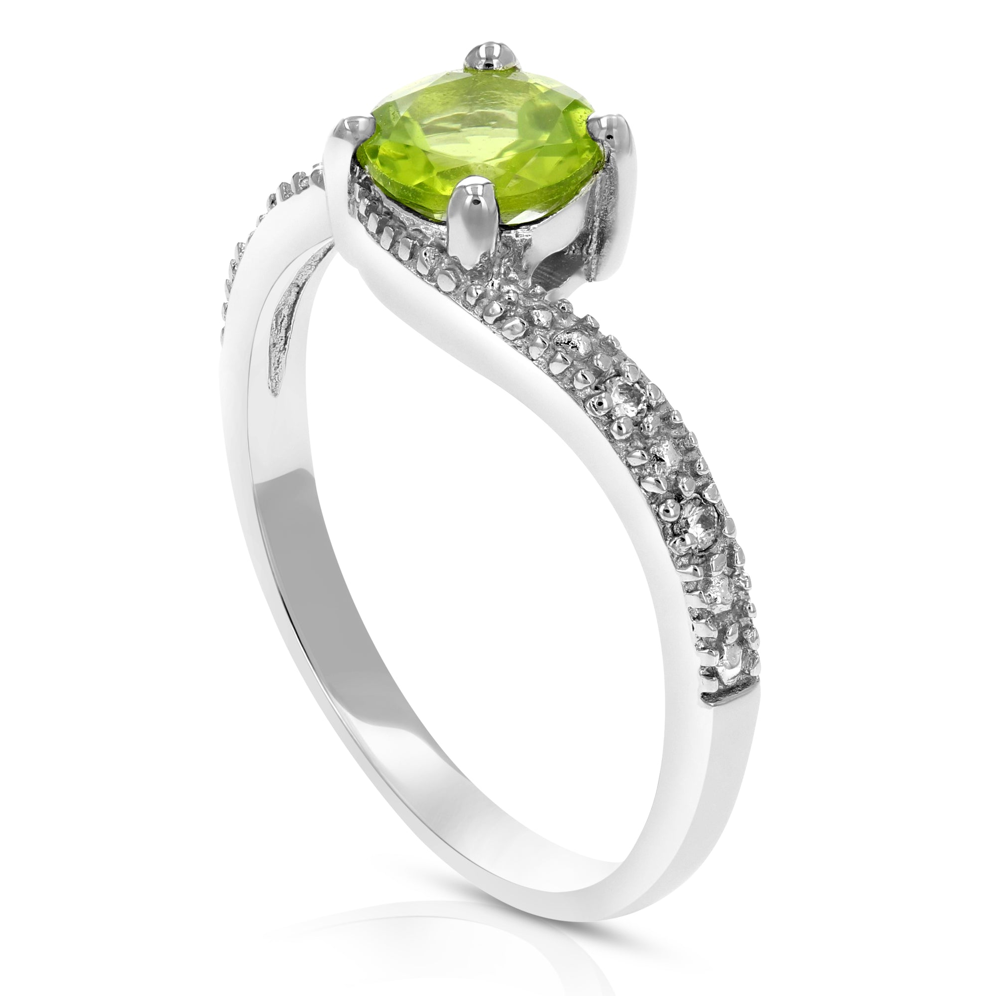 0.70 cttw Peridot Ring .925 Sterling Silver with Rhodium Round Shape 6 MM