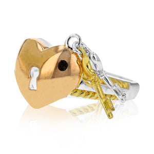 Yellow Gold Plated over Sterling Silver Fashion Heart with Lock And Key Ring