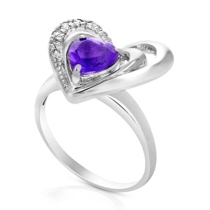 1 cttw Purple Amethyst Ring .925 Sterling Silver with Rhodium Heart Shape 7 MM