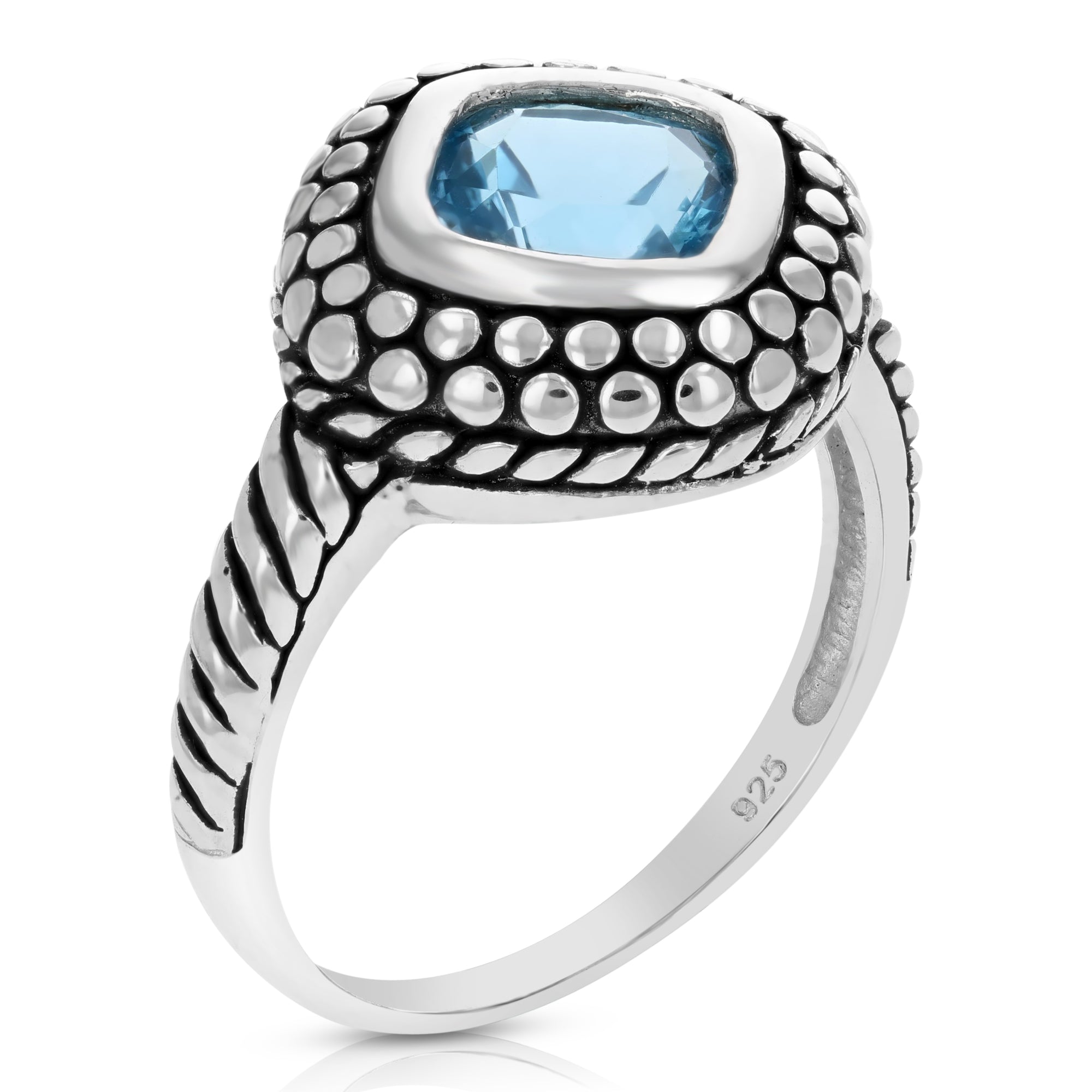 1.40 cttw Blue Topaz Ring .925 Sterling Silver with Rhodium Cushion Cut 7 MM