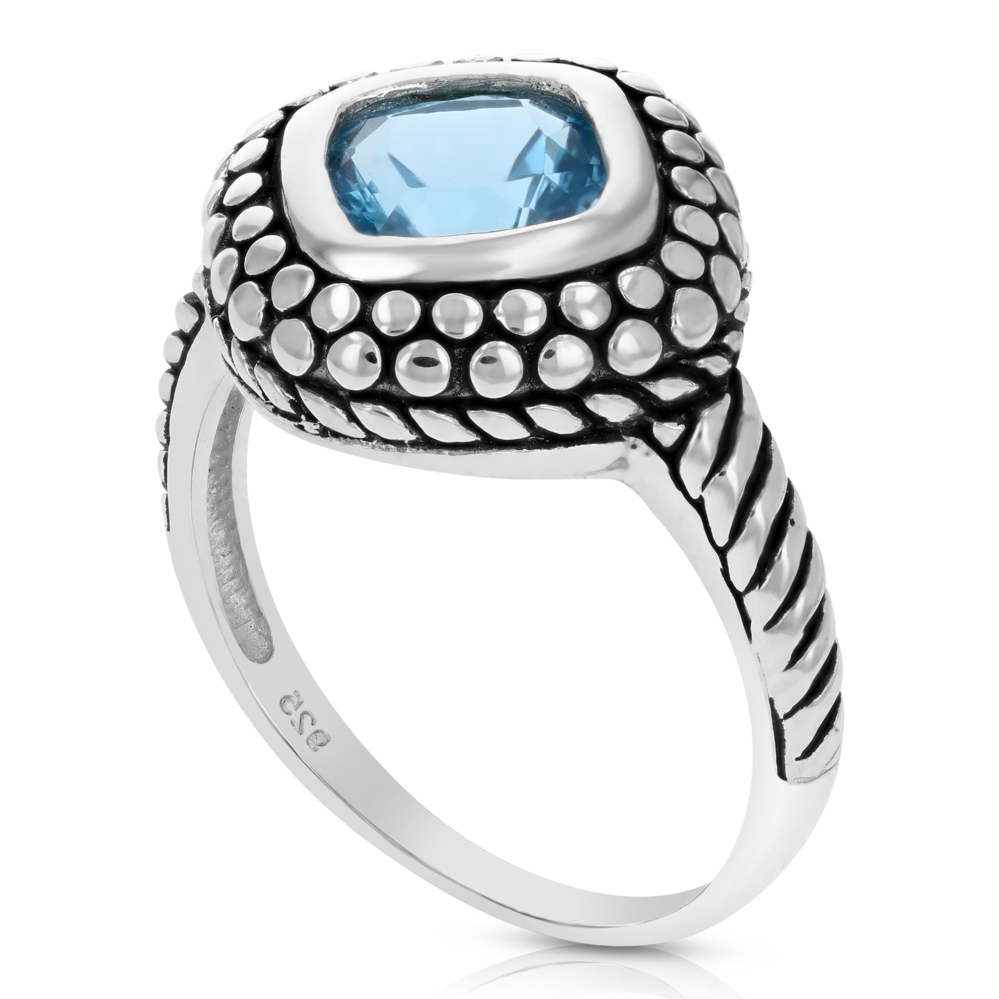 1.40 cttw Blue Topaz Ring .925 Sterling Silver with Rhodium Cushion Cut 7 MM