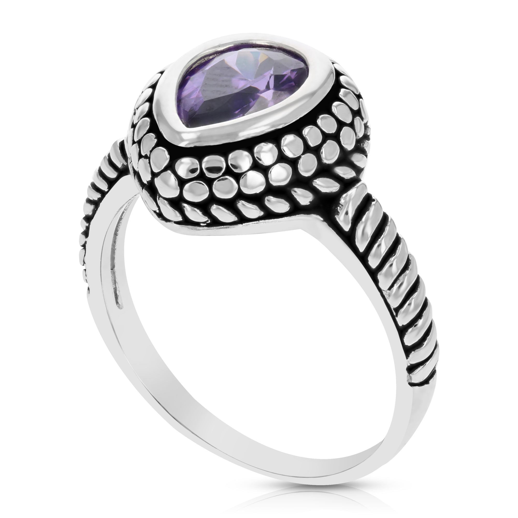 8x6 MM Purple Cubic Zirconia Pear Ring .925 Sterling Silver with Rhodium Plating