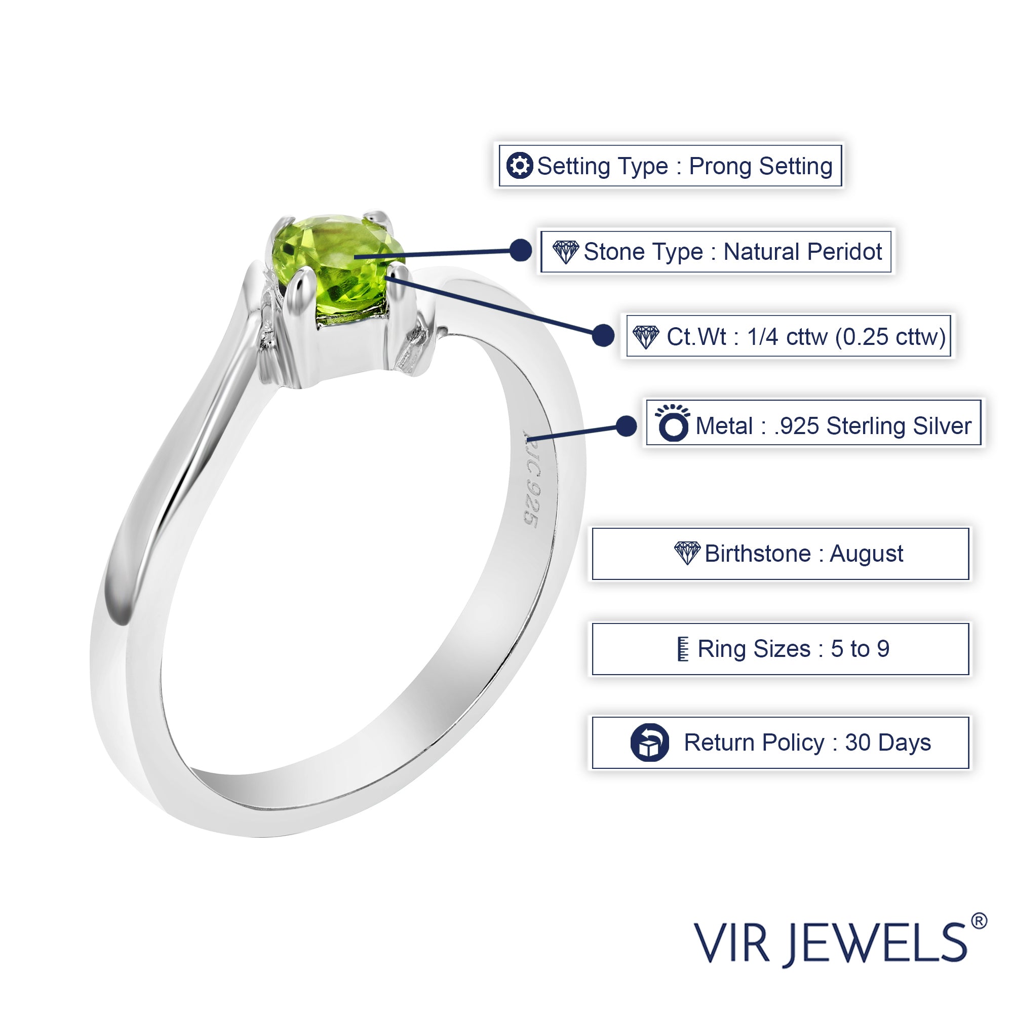 1/4 cttw Peridot Ring .925 Sterling Silver with Rhodium Plating Round Shape 4 MM