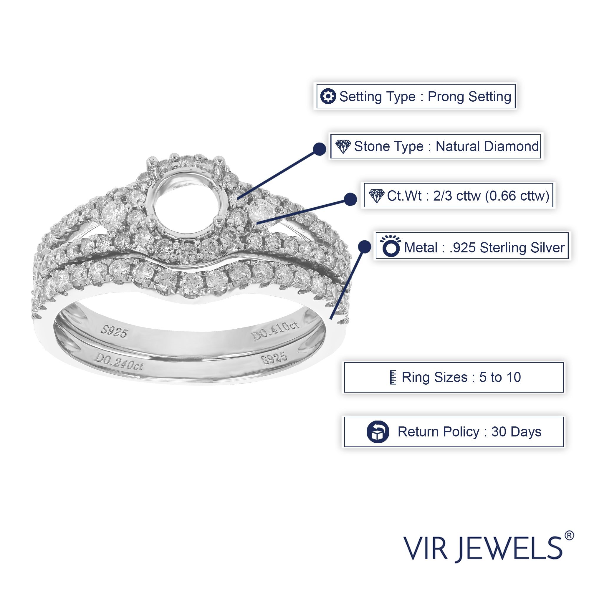 2/3 cttw Diamond Semi Mount Bridal Set Prong Set .925 Sterling Silver Size 7