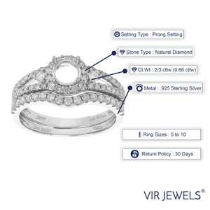 2/3 cttw Diamond Semi Mount Bridal Set Prong Set .925 Sterling Silver Size 7