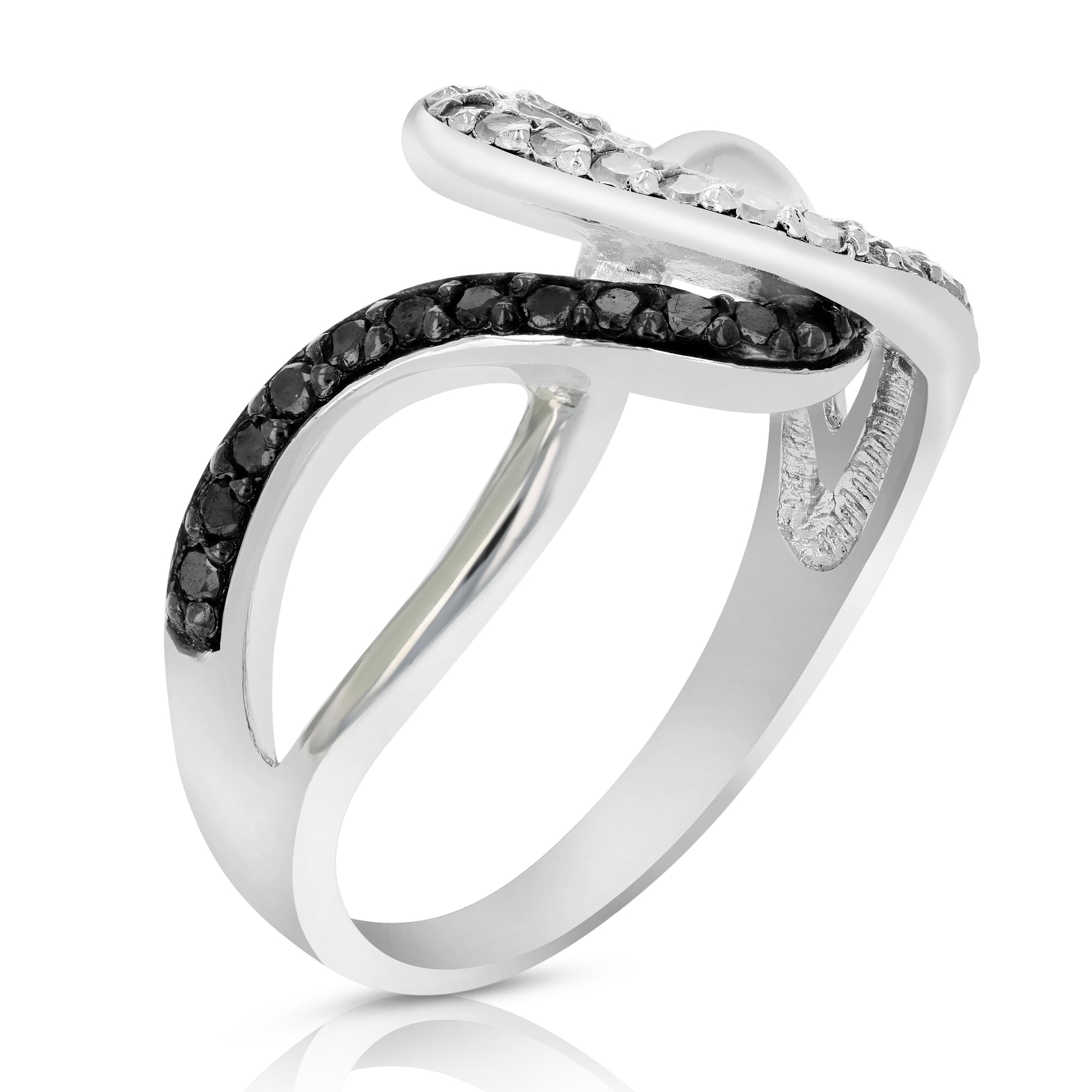 0.45 cttw Black and White Diamond Wave Ring .925 Sterling Silver Rhodium Size 7