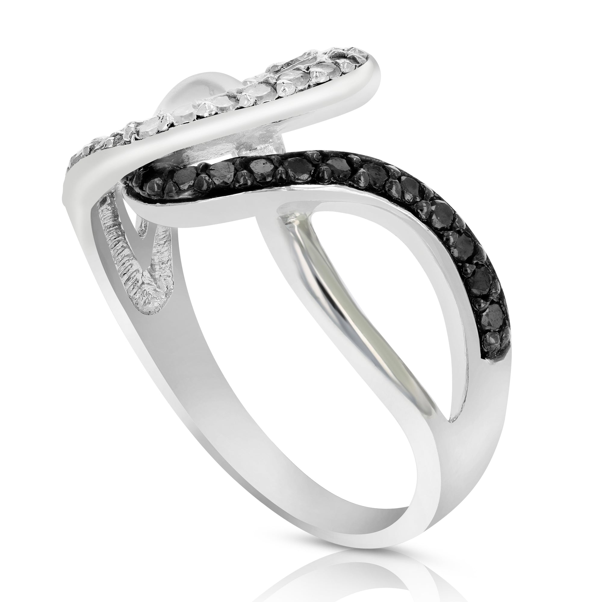 0.45 cttw Black and White Diamond Wave Ring .925 Sterling Silver Rhodium Size 7