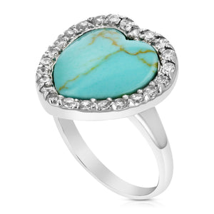 5 cttw 15 MM Turquoise Heart Ring .925 Sterling Silver with Rhodium Plating