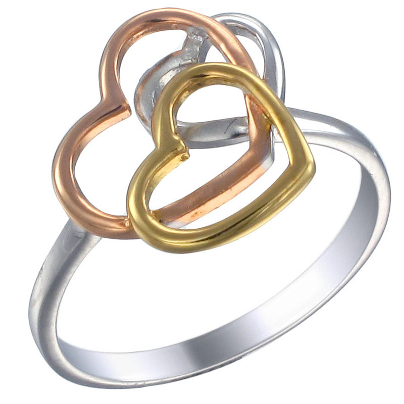 Trio Color Pink and Rose Gold Plated Sterling Silver Fashion Heart Ring 3 Hearts