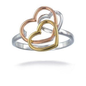Trio Color Pink and Rose Gold Plated Sterling Silver Fashion Heart Ring 3 Hearts