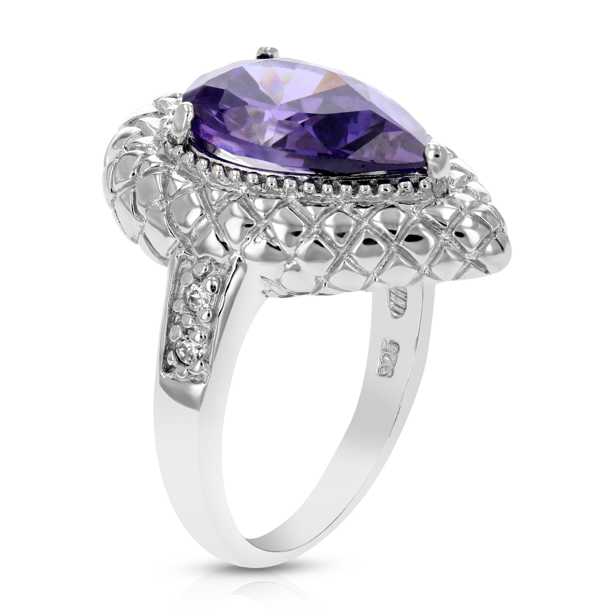 12x8 MM Purple Cubic Zirconia Pear Ring .925 Sterling Silver Rhodium Plating