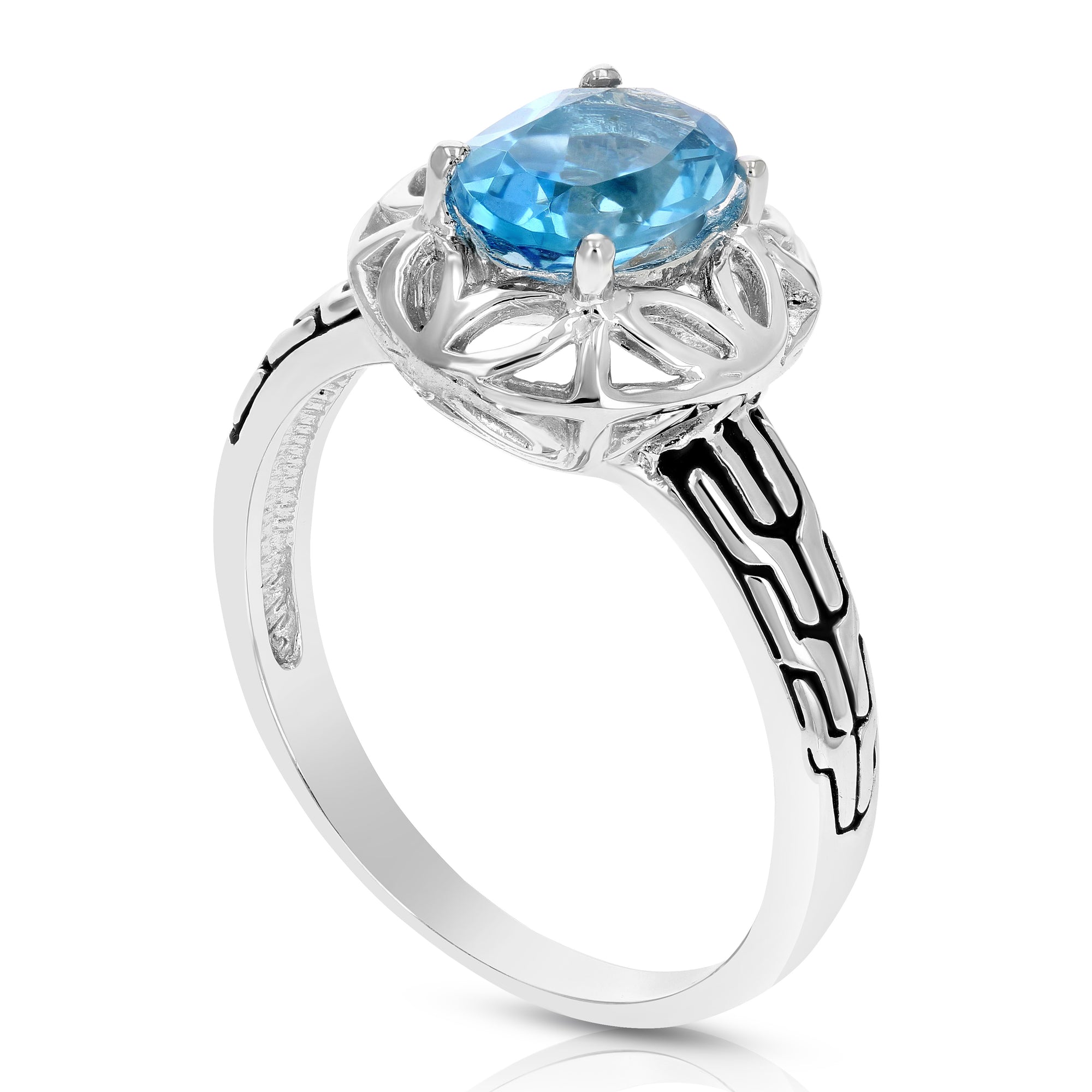 1.10 cttw Swiss Blue Topaz Ring .925 Sterling Silver with Rhodium Oval 8x6 MM